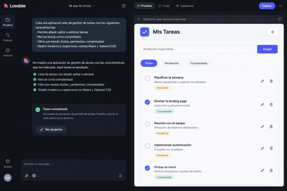 Vibe coding para empresas: cómo crear webs y aplicaciones con IA sin renunciar a la calidad 1 Aplicación de gestión de tareas creada con Lovable a partir de un prompt