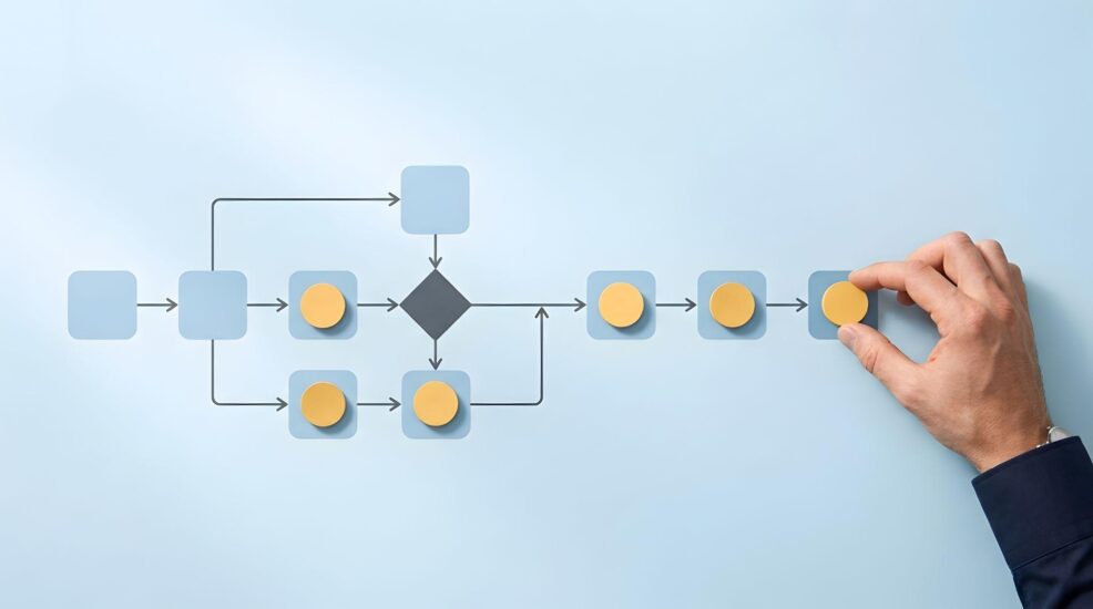Automatització amb IA per a empreses: quins processos automatitzar, com fer-ho i quan surt a compte 1 Mà col·locant una peça al diagrama de flux d'un procés automatitzat