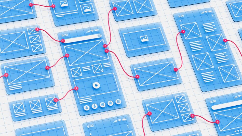 Vibe coding para empresas: cómo crear webs y aplicaciones con IA sin renunciar a la calidad 2 Wireframes conectados de las pantallas de una aplicación web y móvil